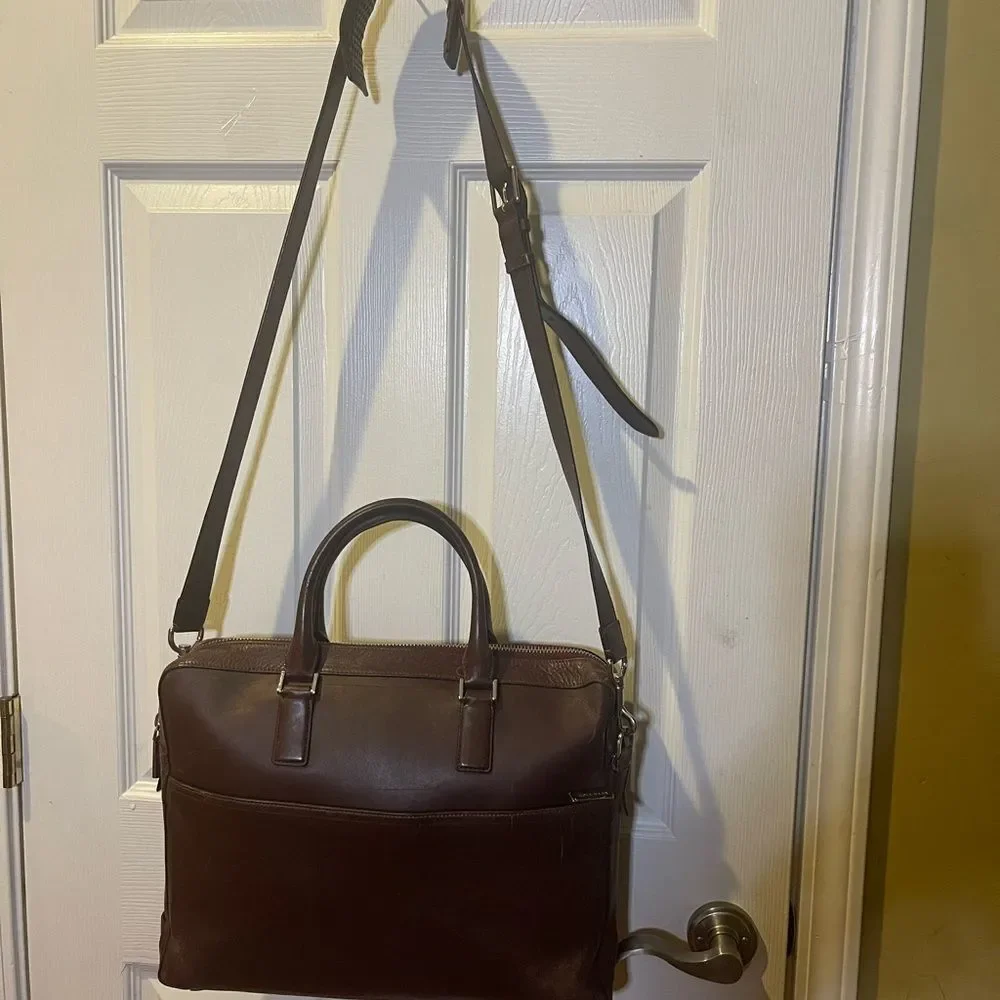 Cole Haan leather deep Brown Hamilton laptop bag with silver tone hardwares